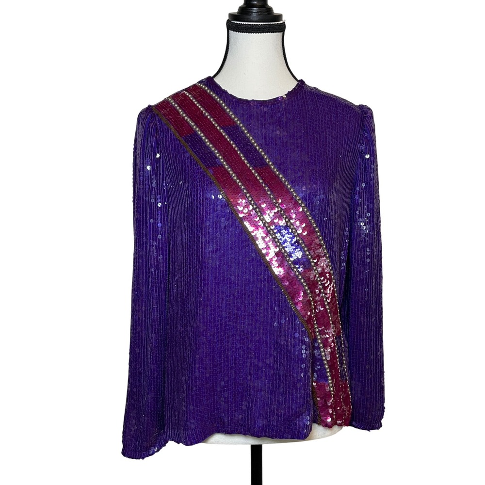VTG Judith Ann Sequin Top Small Glam Party‎ Cocktail Blouse Purple Embellished